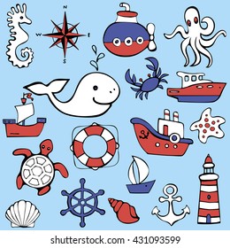 Cute sea objects collection. Hand drawn vector illustration.