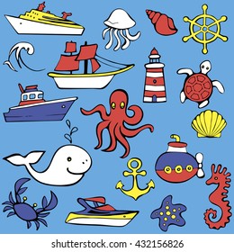 Cute sea objects collection. Hand drawn vector illustration.