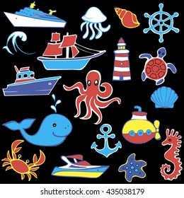 Cute sea objects collection. Hand drawn vector illustration.