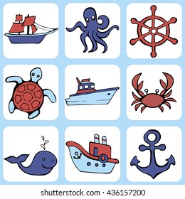 Cute sea objects collection. Hand drawn vector illustration. 