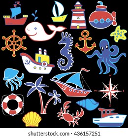 Cute sea objects collection. Hand drawn vector illustration. 