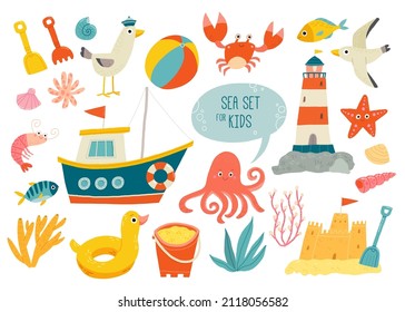 Colección de objetos marinos. Niños juguetes de playa. Divertidos elementos de vacaciones de verano. Animales marinos cómicos. Dibujo a mano de dibujos animados10 ilustración aislada en fondo blanco en un estilo plano