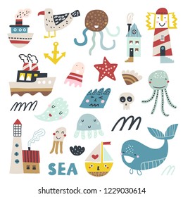 Cute sea objects collection. Vector illustration in cartoon style.