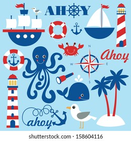 cute sea objects collection. vector illustration