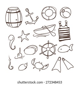 cute sea objects collection. vector illustration. doodle sea symbols and creatures.