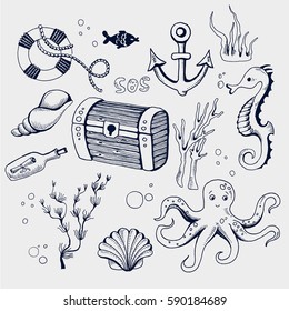 Cute sea objects collection. Vector illustration. Under the water.