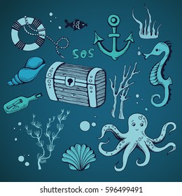Cute sea objects collection. Vector illustration. Under the water.