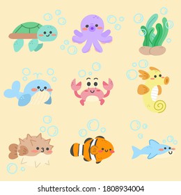 Cute Sea Ocean Animals Character Vector Illustration Asset Collection