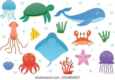 Cute sea and ocean animals. Set of cartoon characters. Shell, jellyfish, crab, stingray, algae, octopus, turtle, whale, starfish.