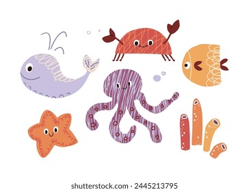 Cute sea, ocean animals set - octopus, whale, fish, crab, starfish. Funny undersea creatures. Cartoon vector illustration isolated on white background