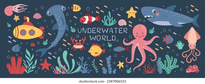 Cute sea. Ocean animals, shark, octopus and yellow submarine, scandinavian style undersea exotic fish and plants, funny underwater waves. Isolated decorative elements. Vector cartoon tidy illustration