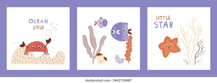 Süße Meer, Ozeankarten mit Fisch, Krabbe, Seestern. Lustige Unterwasser-Kreaturen. Vektor-Illustration für Kinder Poster, Postkarten, Tapeten, Bekleidungsdruck