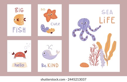 Cute sea, ocean cards with octopus, whale, fish, crab, starfish. Funny undersea creatures. Vector illustration for kids posters, postcards, wallpaper, apparel print