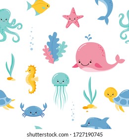 Cute sea and ocean cartoon animals and fishes. Seamless pattern background with underwater funny kawaii characters.