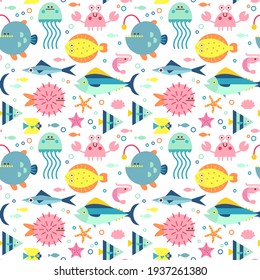 Cute sea and ocean cartoon animals and fishes. Seamless pattern background with underwater funny characters