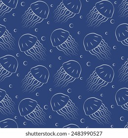 Cute sea and ocean cartoon jellyfish sketch pattern. Seamless pattern background with underwater 2d characters