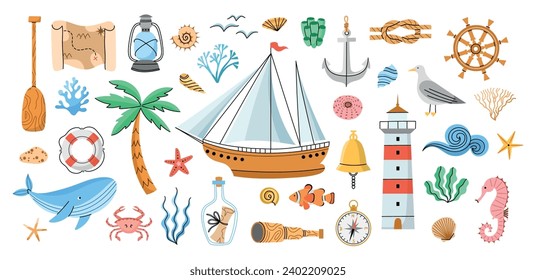 Cute sea and ocean elements. Underwater and coastal objects, marine animals and seaweeds, sailing vessel, ship and lighthouse, vector set.eps

