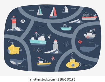 Cute sea or ocean map for a kid's room. Cute cartoon sea ship, boat, yacht, submarine, whale - vector print for children. Scandinavian baby texture for fabric, carpet, textile, wallpaper. 