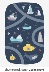 Cute sea or ocean map for a kid's room. Cute cartoon sea ship, boat, yacht, submarine, whale - vector print for children. Scandinavian baby texture for fabric, carpet, textile, wallpaper. 