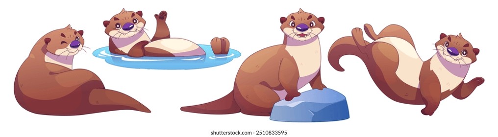 Carácter lindo de la nutria marina. Divertida ilustración de dibujos animados de comadreja. Mascota de animales de río nadando con expresión alegre y colección de gesto de saludo. Adorable gato polar kawaii en Diseño gráfico de roca