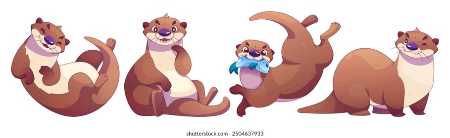 Cute sea otter characters set isolated on white background. Vector cartoon illustration of funny brown marine animals smiling, swimming, catching fish with mouth, winking eye, zoo wildlife mascot