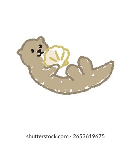 Cute sea otter holding sea shell illustration drawn with crayons, Vector hand drawn design element of sea animals.