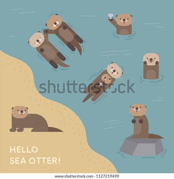 A cute sea otter playing in the\
water. flat design style vector graphic illustration\
set
