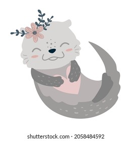 Cute sea otter vector illustration. Simple flat kids art. Kawaii animal character