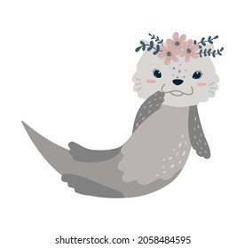 Cute sea otter vector illustration. Simple flat kids art. Kawaii animal character