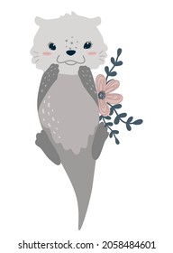 Cute sea otter vector illustration. Simple flat kids art. Kawaii animal character