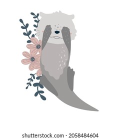 Cute sea otter vector illustration. Simple flat kids art. Kawaii animal character