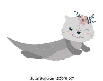 Cute sea otter vector illustration. Simple flat kids art. Kawaii animal character