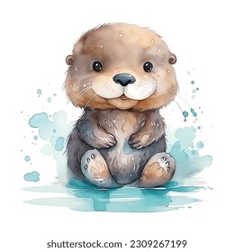 Cute Sea Otter watercolor paint ilustration