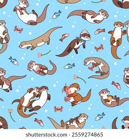 Cute sea otters seamless pattern. Repeated water wild mammals, funny river animals swim, dive, fish, lovely family. Decor textile, wrapping, wallpaper. Print for fabric tidy vector background