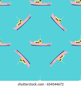 Cute sea pattern with pink fishing or sailing boat drawings. Colorful kid style. Marine illustration. Vector design. 
