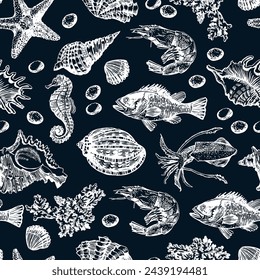 Lindo patrón de mar. Ilustración vectorial. Gráficos manuales. Patrón sin costuras para decorar varias superficies.