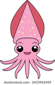 Cute sea pink squid. Sea animal underwater in flat vector simple style.