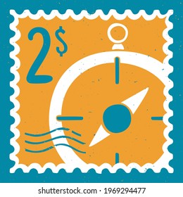 Cute sea post stamp face value of 2 dollars with a compass and waves. For decoration, design, and scrapbooking. Vector shabby hand drawn illustration