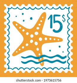 Cute sea post stamp face value of 15 dollars with a starfish and waves. For decoration, design or scrapbooking. Vector shabby hand drawn illustration