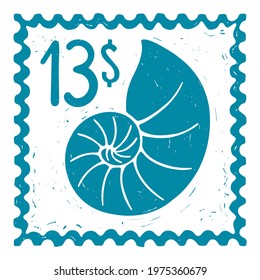 Cute sea post stamp face value of 13 dollars with a textured blue seashell. For decoration, design, tattoo or scrapbooking. Vector shabby hand drawn illustration
