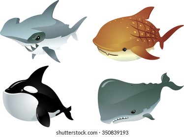Cute Sea Predators-Collection of large ocean predator rendered in cute cartoon style