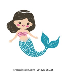 Cute sea princess mermaid isolated on white background. Hand drawn vector illustration. Web design, textile, print, postcards