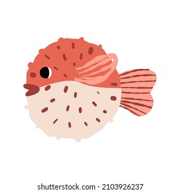 Cute sea pufferfish or fugu fish, an underwater inhabitant blowfish, ocean balloon fish with needles. Hand-drawn vector isolated illustration.