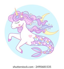 Cute sea rainbow unicorn with mermaid tail and moon. For children's design of prints, posters, cards, stickers, t-shirts, mugs. puzzles, etc. Vector illustration