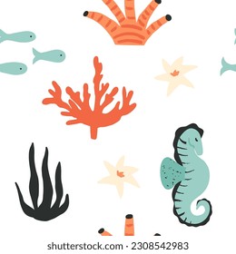 Cute sea repeat, ocean backdrop, underwater world vector seamless pattern. Undersea creatures like fish, sea horse, plants, and flowers like sea lilies, coral reefs, and seaweed. Fabric print design