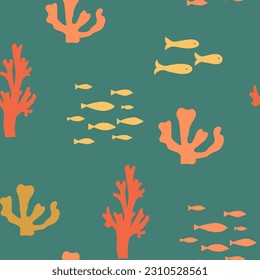 Cute sea repeat, ocean backdrop, underwater world vector seamless pattern. Undersea creatures like fish, sea horse, plants, and flowers like sea lilies, coral reefs, and seaweed. Fabric print design