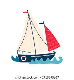 Cute sea sailboat on waves isolated on white background. Illustrations for the design of children's rooms and textiles. Vector