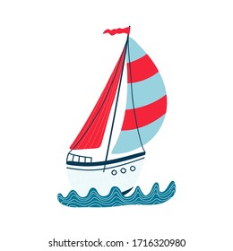 Cute sea sailboat on waves isolated on white background. Illustrations for the design of children's rooms and textiles. Vector