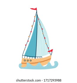 Cute sea sailboat on waves isolated on white background. Illustrations for the design of children's rooms and textiles. Vector