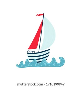 Barco marino en olas aisladas de fondo blanco. Ilustraciones para el diseño de habitaciones para niños y textiles. Vector